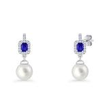 Emerald Cut Blue Cubic Zirconia & Pearl Charm Stud Earrings 925 Sterling Silver
