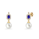 Emerald Cut Blue Cubic Zirconia & Pearl Charm Stud Earrings 925 Sterling Silver