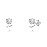 Tulip Rose Flower Stud Earrings 12mm Cubic zirconia 925 Sterling Silver