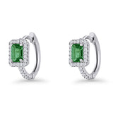 Emerald Cut 12mm Green CZ Halo Clear CZ Hoop Earrings 925 Sterling Silver