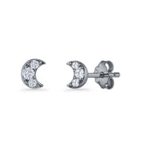 Crescent Moon Stud Earring 5mm Round Cubic Zirconia 925 Sterling Silver