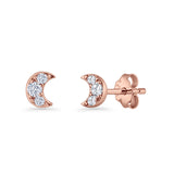 Crescent Moon Stud Earring 5mm Round Cubic Zirconia 925 Sterling Silver