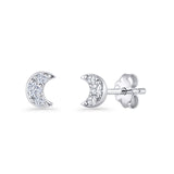 Crescent Moon Stud Earring 5mm Round Cubic Zirconia 925 Sterling Silver