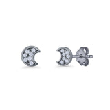 Crescent Moon Stud Earring 4.9mm Cluster Round Cubic Zirconia 925 Sterling Silver