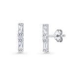 Line Bar Stud Earrings 12.4mm Baguette & Round Cubic Zirconia 925 Sterling Silver