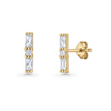 Line Bar Stud Earrings 12.4mm Baguette & Round Cubic Zirconia 925 Sterling Silver