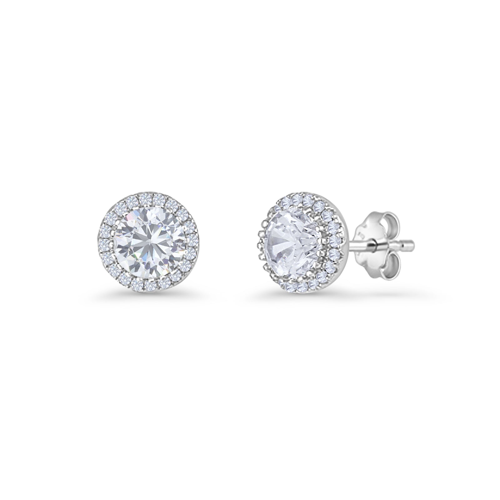 Round Stud Earrings 8.5mm Halo Cubic Zirconia 925 Sterling