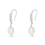 Drop Dangle 32mm Oval Pearl Fishhook Earring Cubic Zirconia 925 Sterling Silver