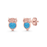 Round 9.7mm Lab Created Opal Owl Stud Earring 925 Sterling Silver