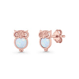Round 9.7mm Lab Created Opal Owl Stud Earring 925 Sterling Silver