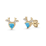 Triangular 7.3mm Lab Created Opal Deer Antlers Stud Earring 925 Sterling Silver