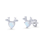 Triangular 7.3mm Lab Created Opal Deer Antlers Stud Earring 925 Sterling Silver