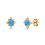 Floral Oval Stud Earring Lab Created White Opal  925 Sterling Silver