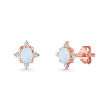 Floral Oval Stud Earring Lab Created White Opal  925 Sterling Silver