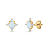 Floral Oval Stud Earring Lab Created White Opal  925 Sterling Silver