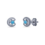 Crescent Moon & Star Stud Earring Lab Created Opal 925 Sterling Silver