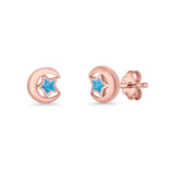 Crescent Moon & Star Stud Earring Lab Created Opal 925 Sterling Silver