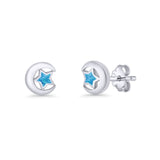 Crescent Moon & Star Stud Earring Lab Created Opal 925 Sterling Silver