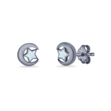 Crescent Moon & Star Stud Earring Lab Created Opal 925 Sterling Silver