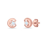Crescent Moon & Star Stud Earring Lab Created Opal 925 Sterling Silver