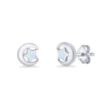Crescent Moon & Star Stud Earring Lab Created Opal 925 Sterling Silver