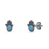 Round 9mm Lab Created Opal Hand Of Hamsa Stud Earring Oxidized 925 Sterling Silver