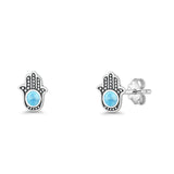 Round 9mm Lab Created Opal Hand Of Hamsa Stud Earring Oxidized 925 Sterling Silver