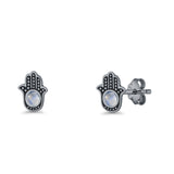 Round 9mm Lab Created Opal Hand Of Hamsa Stud Earring Oxidized 925 Sterling Silver