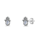 Round 9mm Lab Created Opal Hand Of Hamsa Stud Earring Oxidized 925 Sterling Silver
