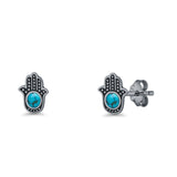 Round 9mm Lab Created Opal Hand Of Hamsa Stud Earring Oxidized 925 Sterling Silver