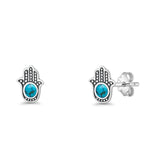 Round 9mm Lab Created Opal Hand Of Hamsa Stud Earring Oxidized 925 Sterling Silver