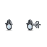 Round 9mm Lab Created Opal Hand Of Hamsa Stud Earring Oxidized 925 Sterling Silver