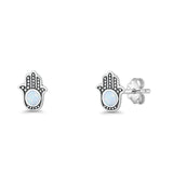 Round 9mm Lab Created Opal Hand Of Hamsa Stud Earring Oxidized 925 Sterling Silver
