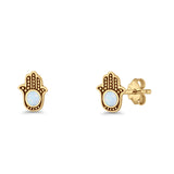 Round 9mm Lab Created Opal Hand Of Hamsa Stud Earring Oxidized 925 Sterling Silver