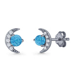 Moon Stud Earring 7mm Round Lab Created Opal & Clear CZ 925 Sterling Silver