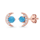 Moon Stud Earring 7mm Round Lab Created Opal & Clear CZ 925 Sterling Silver