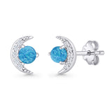 Moon Stud Earring 7mm Round Lab Created Opal & Clear CZ 925 Sterling Silver