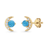 Moon Stud Earring 7mm Round Lab Created Opal & Clear CZ 925 Sterling Silver