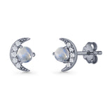 Moon Stud Earring 7mm Round Lab Created Opal & Clear CZ 925 Sterling Silver