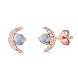 Moon Stud Earring 7mm Round Lab Created Opal & Clear CZ 925 Sterling Silver