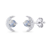 Moon Stud Earring 7mm Round Lab Created Opal & Clear CZ 925 Sterling Silver