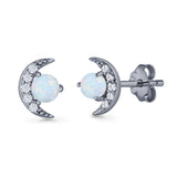 Moon Stud Earring 7mm Round Lab Created Opal & Clear CZ 925 Sterling Silver