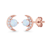 Moon Stud Earring 7mm Round Lab Created Opal & Clear CZ 925 Sterling Silver