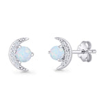Moon Stud Earring 7mm Round Lab Created Opal & Clear CZ 925 Sterling Silver