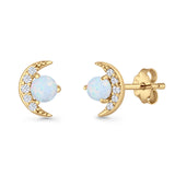 Moon Stud Earring 7mm Round Lab Created Opal & Clear CZ 925 Sterling Silver
