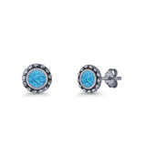 Round Beaded 7.2mm Lab Created Opal Stud Earring Oxidized 925 Sterling Silver