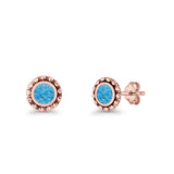 Round Beaded 7.2mm Lab Created Opal Stud Earring Oxidized 925 Sterling Silver