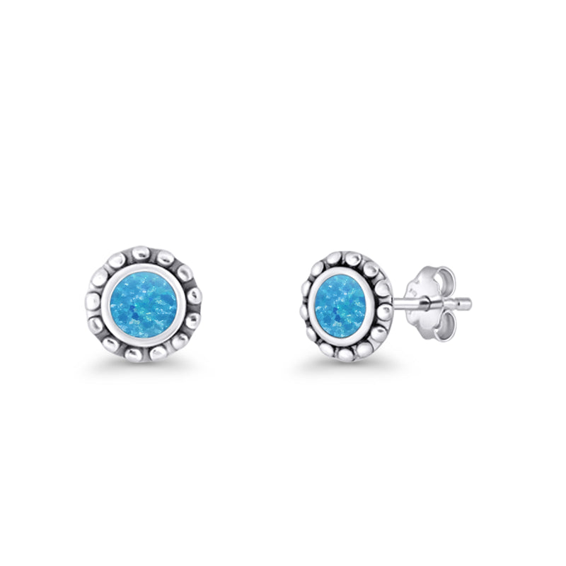 Round Beaded 7.2mm Lab Created Opal Stud Earring Oxidized 925 Sterling Silver