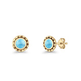 Round Beaded 7.2mm Lab Created Opal Stud Earring Oxidized 925 Sterling Silver