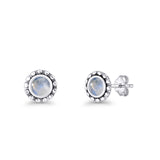 Round Beaded 7.2mm Lab Created Opal Stud Earring Oxidized 925 Sterling Silver